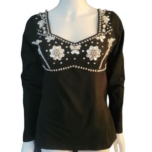 Vintage Lew Magram Embellished Pearl Top Long Sleeves M